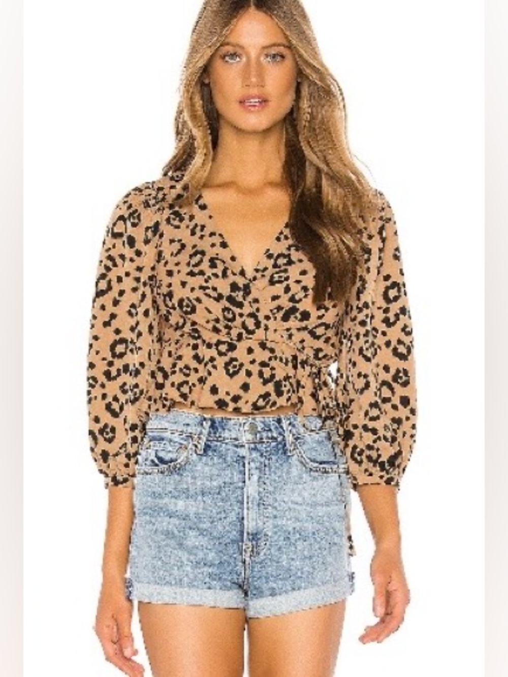 Lovers + Friends Leopard Print V-Neck Peplum Top in Tan & Black
